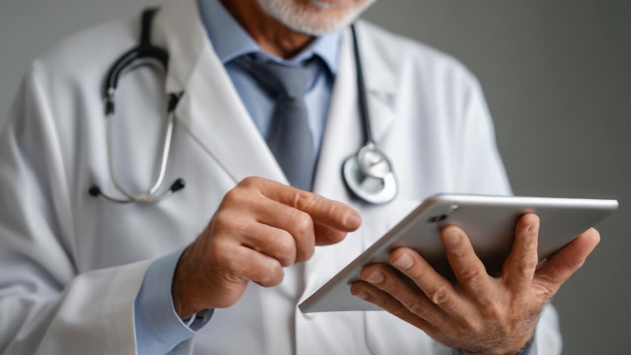 A healthcare professional in a white coat interacts with a tablet, demonstrating the integration of technology in modern medical practices and patient care management