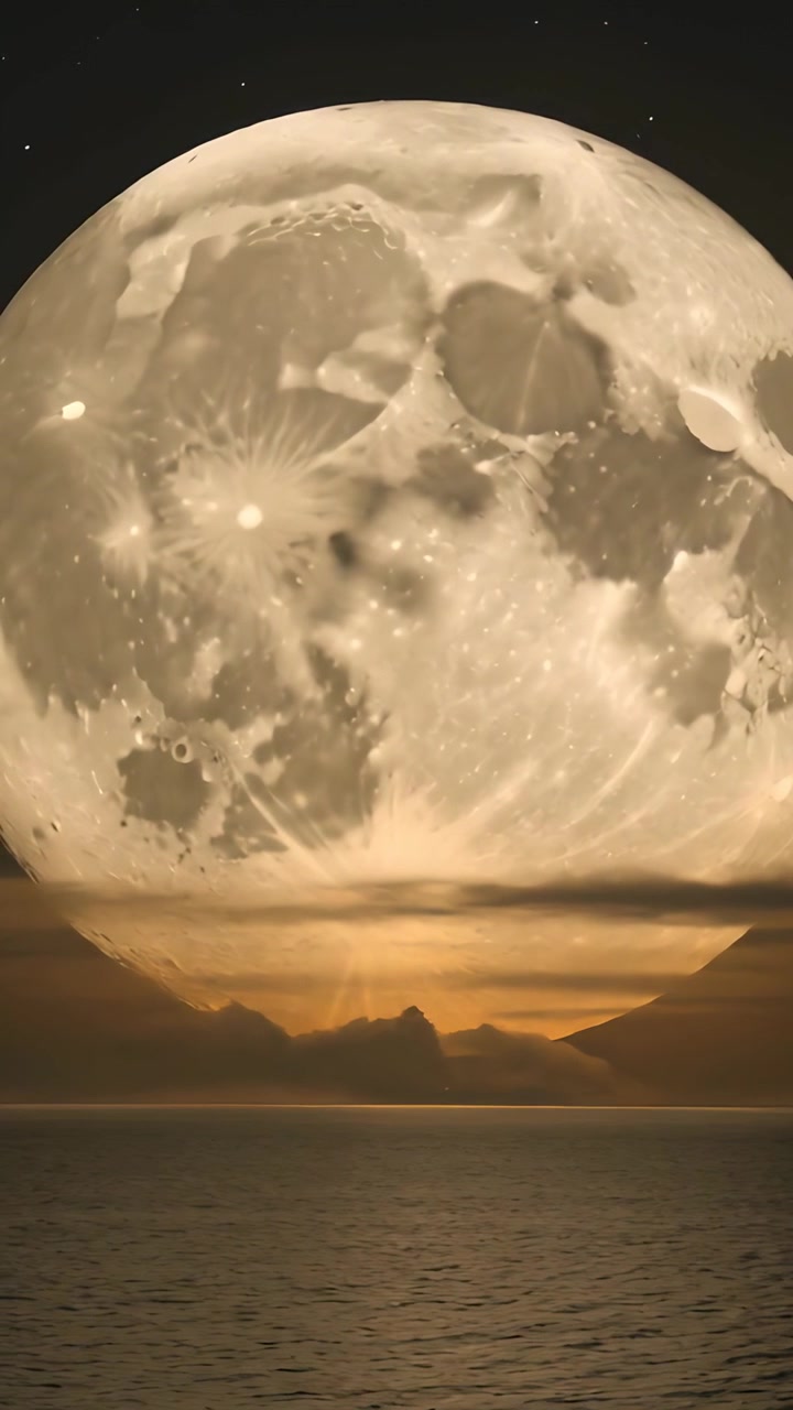 Vertical video: Rising full moon moving with frames advancing over sea and ridge, branch reflection