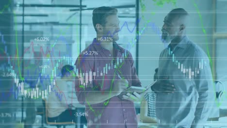 animation of financial graphs and data over happy diverse male coworkers
