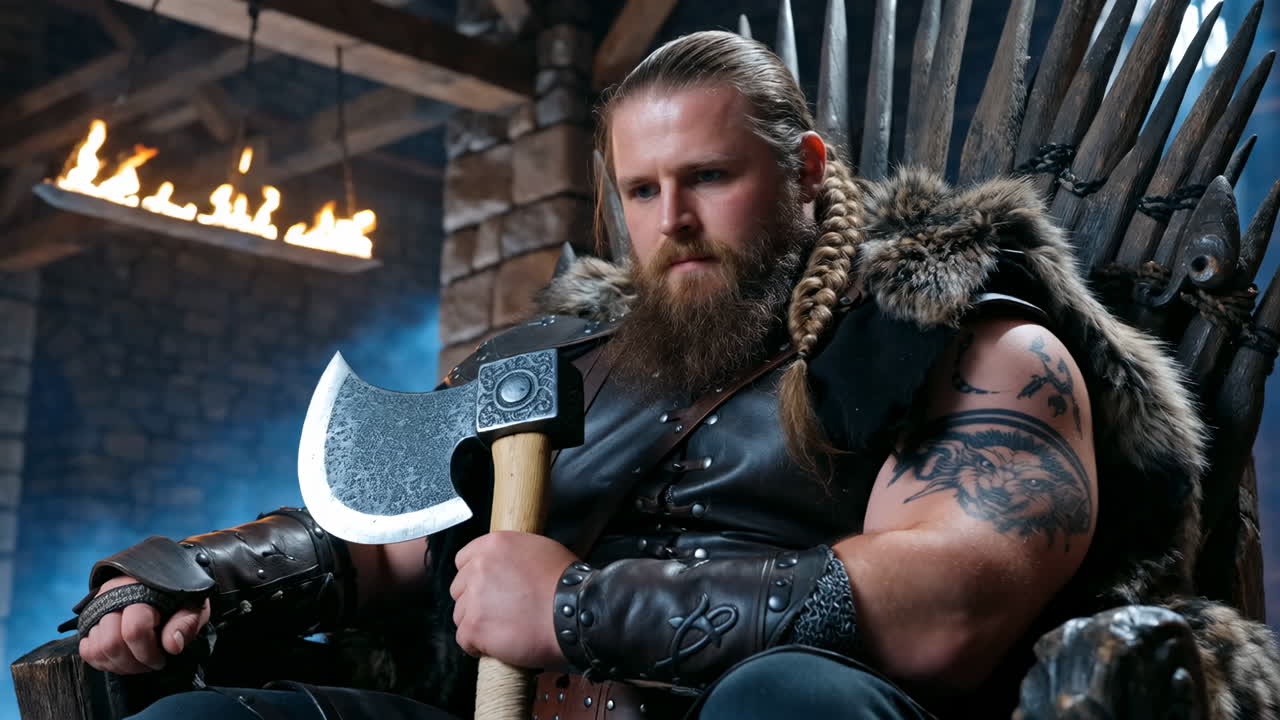 Powerful Viking Warrior on a Throne with an Axe