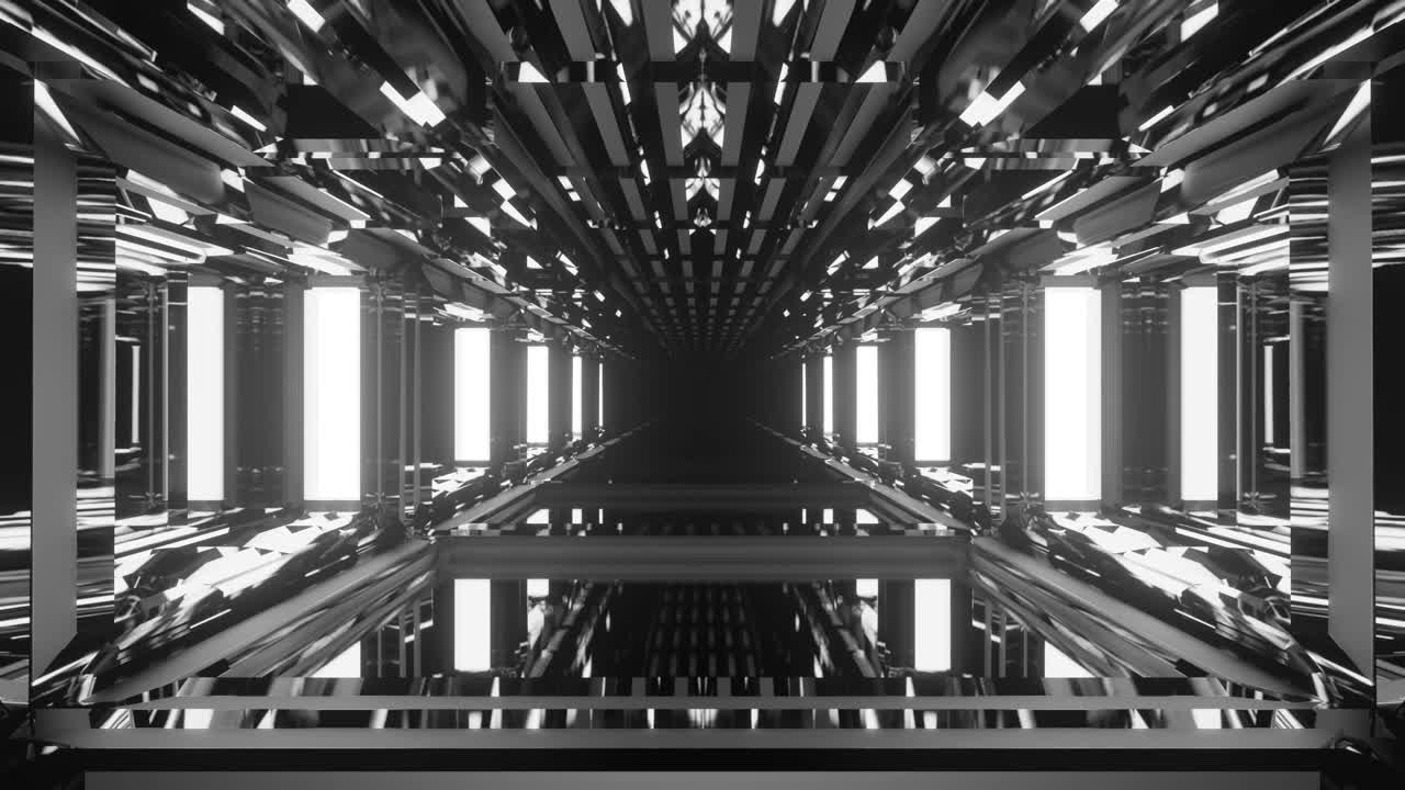 animazione di movimento attraverso un seminterrato altamente riflettente e scuro, in bianco e nero