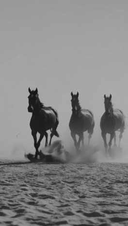 wild horses galloping through dust in monochrome