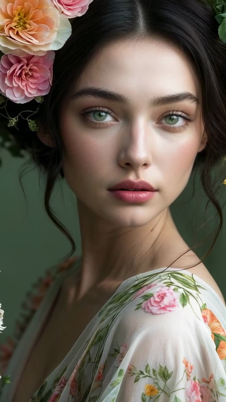Vertical video: Tilting head model gazing lowering eyelids in studio, with rose crown, floral robe