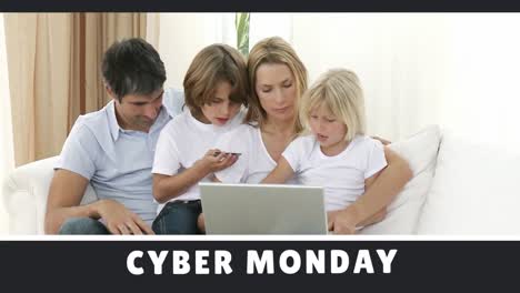 Cyber-Monday-text-and-family-shopping-online-on-laptop-4k