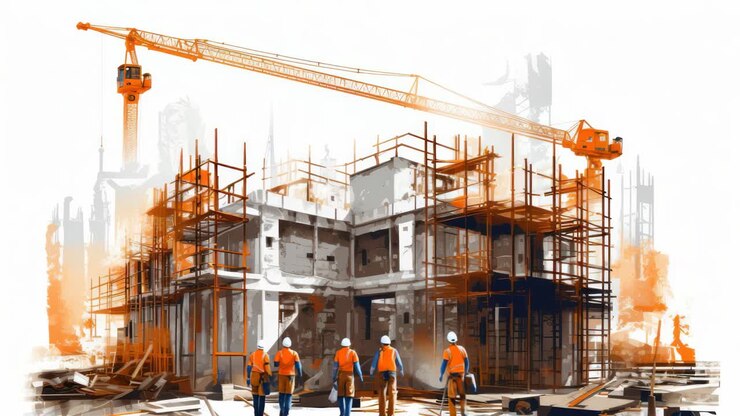 Dynamische opname vanuit een lage hoek van een bouwplaats met arbeiders en kranen, waarbij de essentie wordt vastgelegd