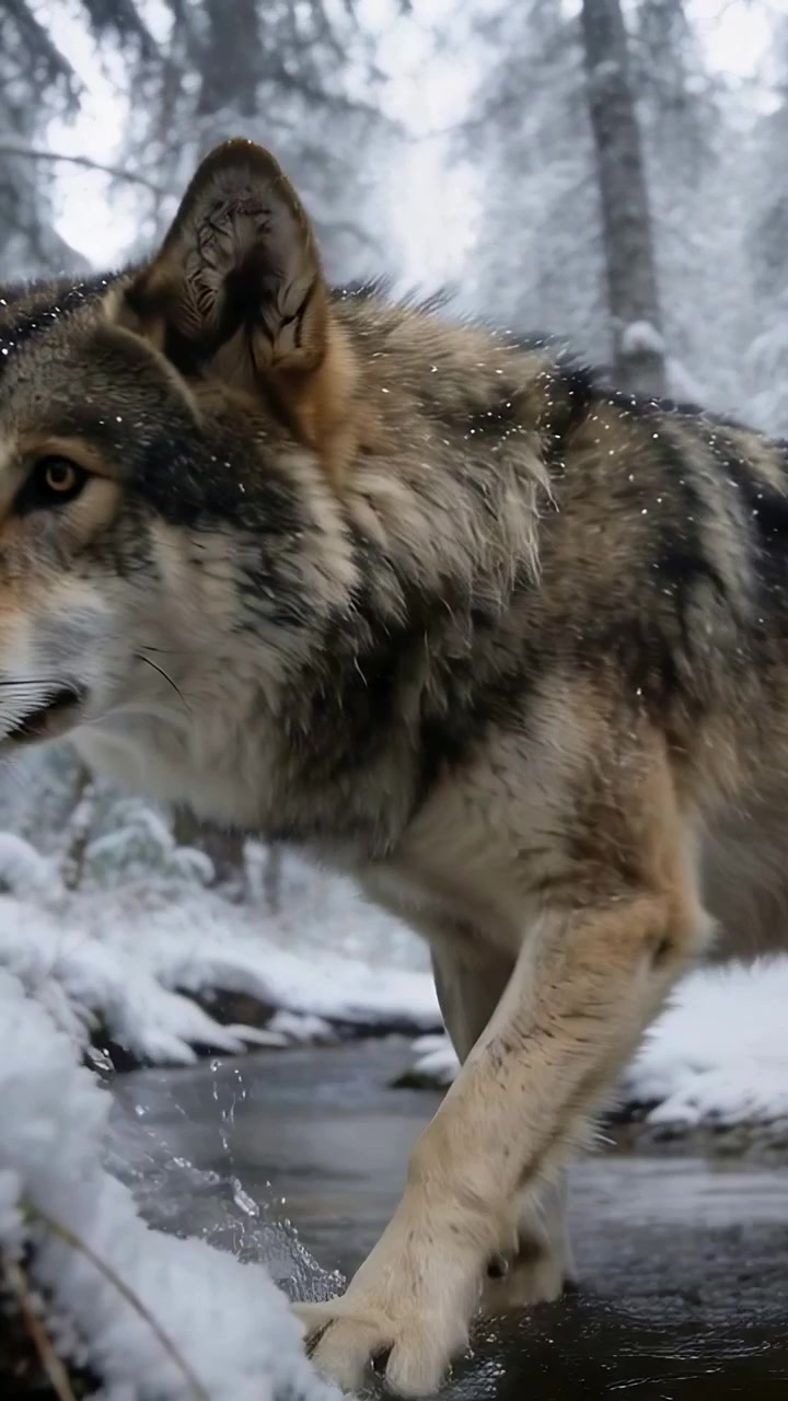 Vertical video: Sniffing wolf tracking prey, wading shallow stream in snowy pine forest