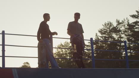 two skateboarder friends greeting each other in skatepark