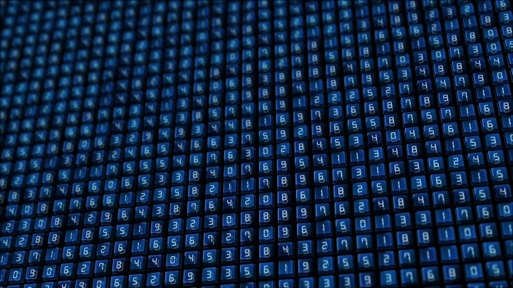 Glowing blue number grid loop with repeating digital tiles coded values and deep perspective for