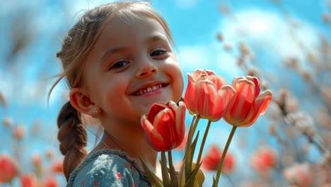 smiling girl holding red tulips in spring