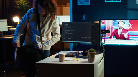 Developer-holding-disposable-cup-of-coffee-entering-home-office