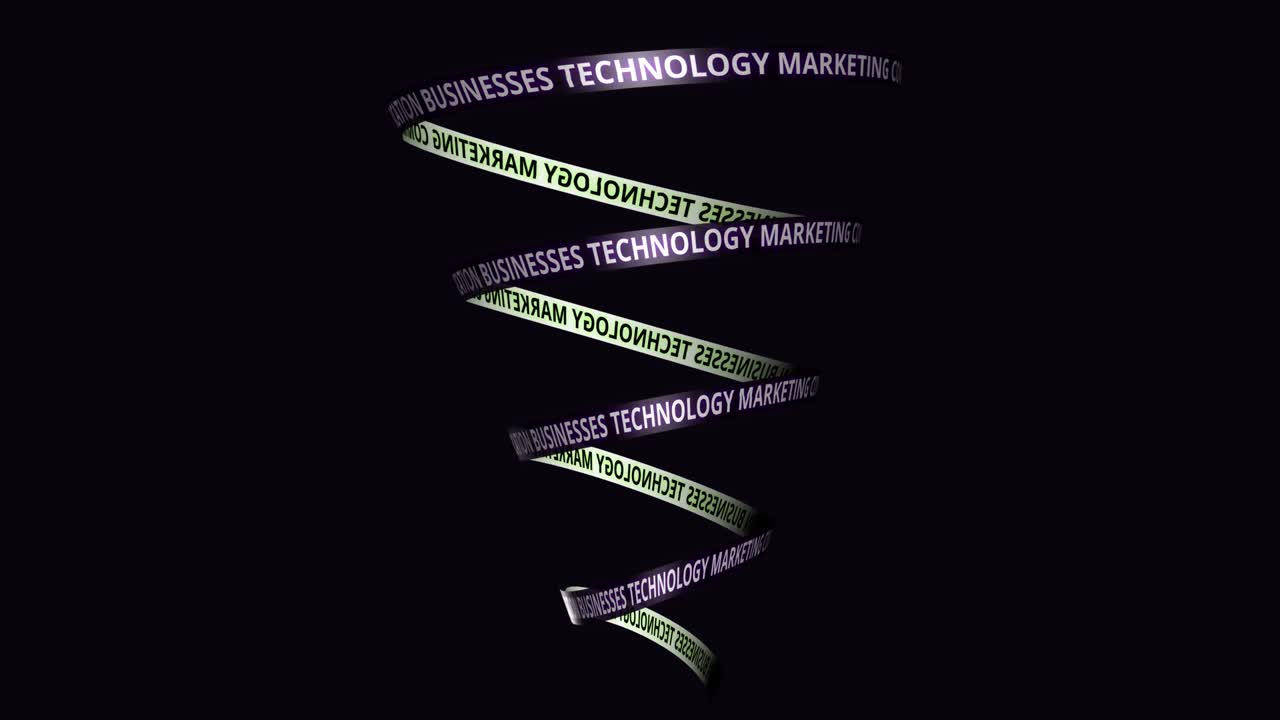 presentación de conceptos de negocios globales, tecnología, marketing y comunicación. animación 3d de palabras relacionadas con negocios, tecnología y marketing con efecto tornado, renderización 3d.