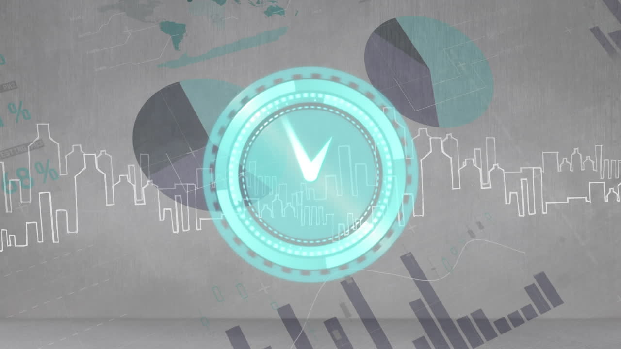 animación de reloj moviéndose rápido y estadísticas y procesamiento de datos sobre el paisaje urbano