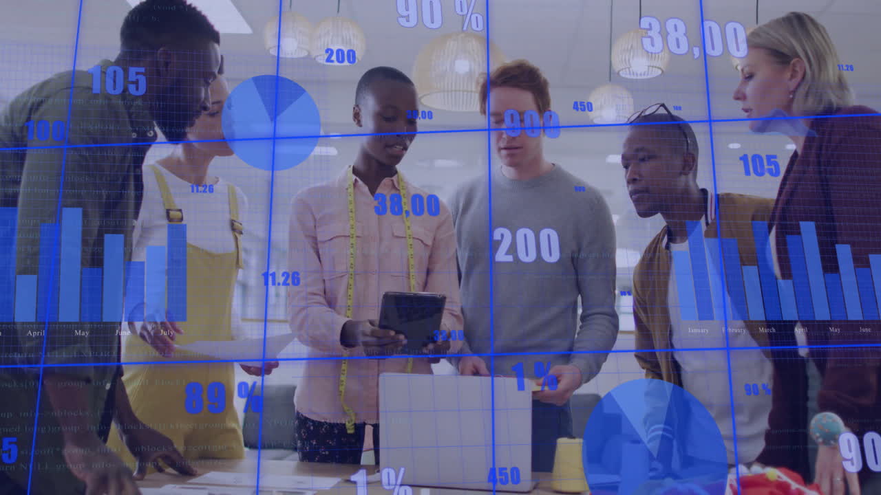 Animation of financial data processing over diverse colleagues discussing work in office
