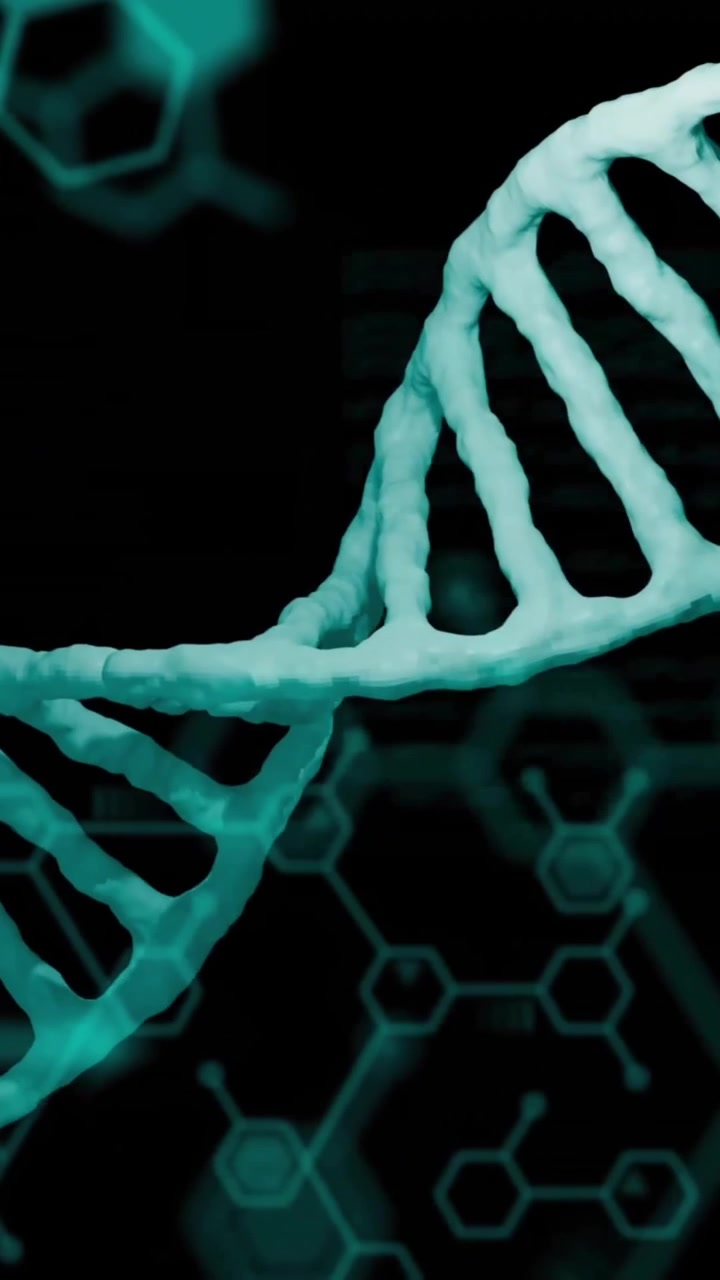 Animazione di elaborazione dati e formula chimica su filamento di DNA.