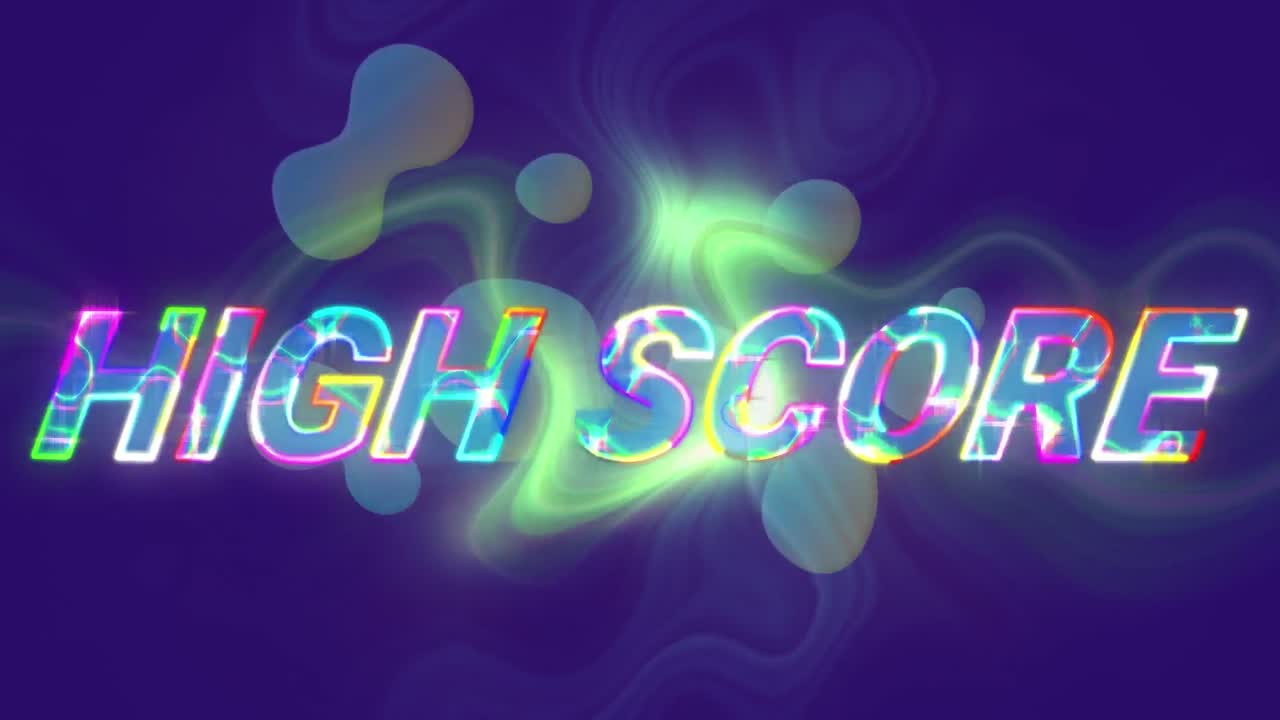Animation of high score text over blots on blue background