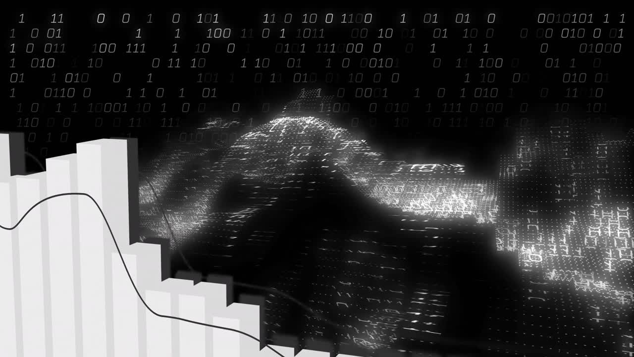 animación del procesamiento de datos financieros y codificación binaria sobre fondo negro