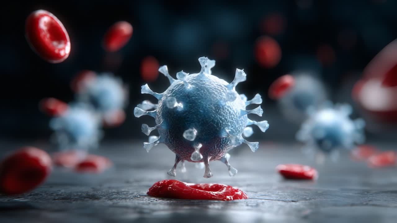 A Detailed Close-Up of a Virus Particle Interacting with Blood Cells, Illustrating the Complex Relationship between Pathogens and Human Health