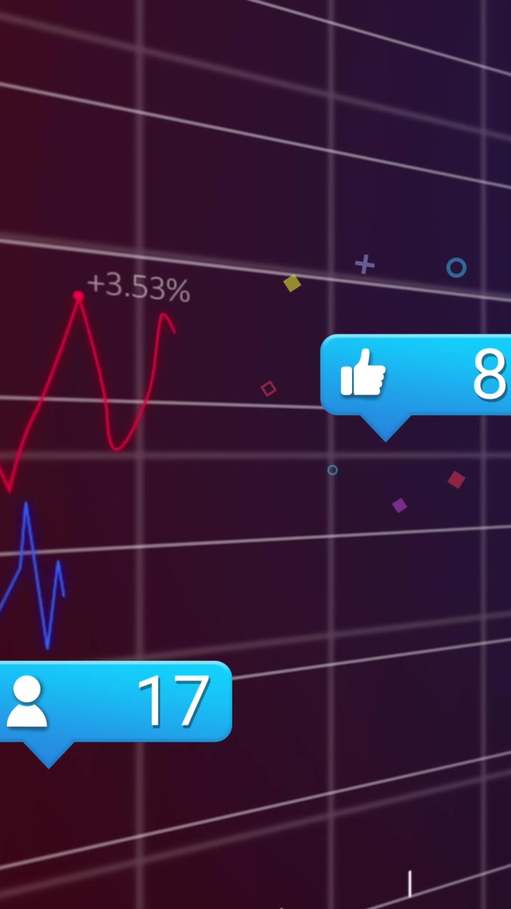 Animation af ikoner for sociale medier og statistisk databehandling mod lilla gradientbaggrund
