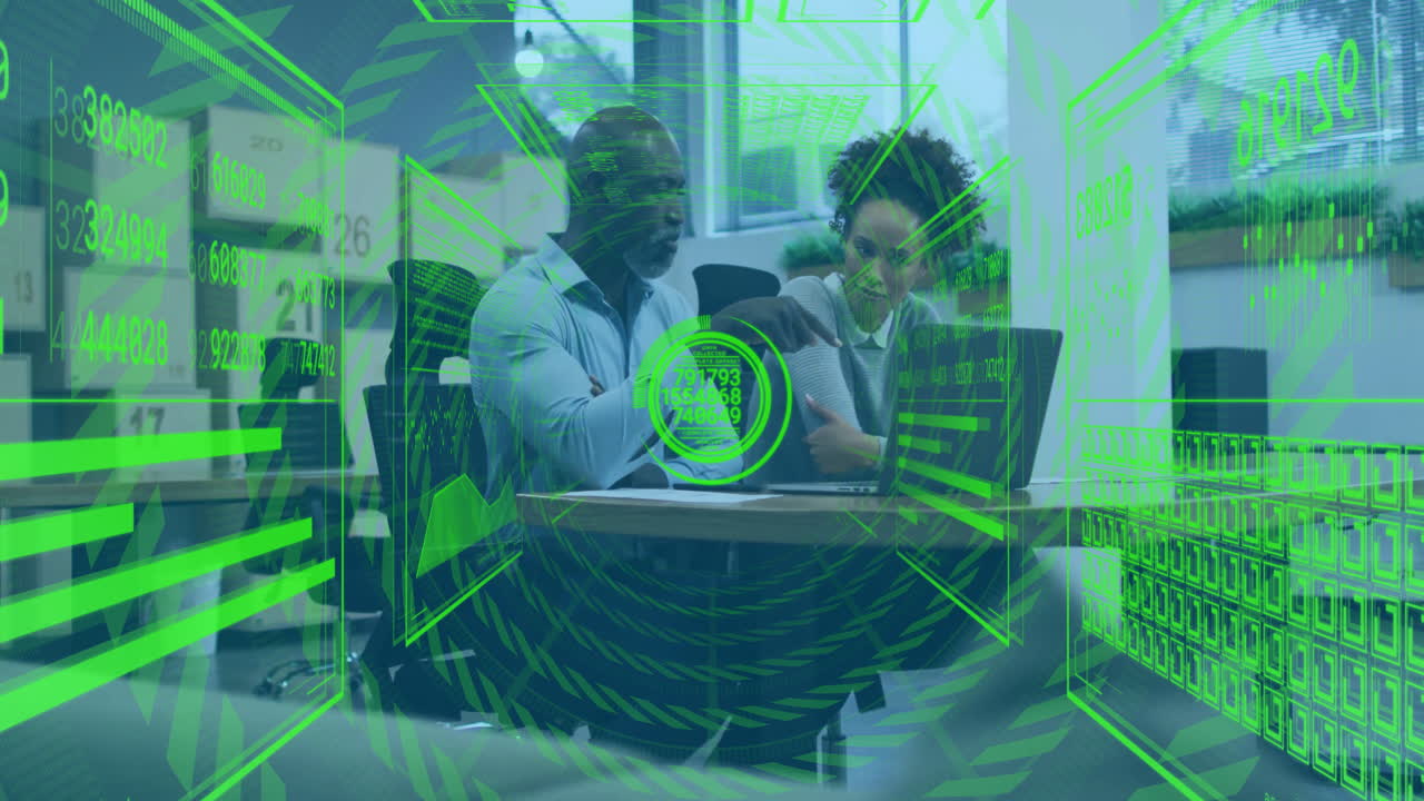 Collaborating at desk, business professionals analyzing digital data processing animation