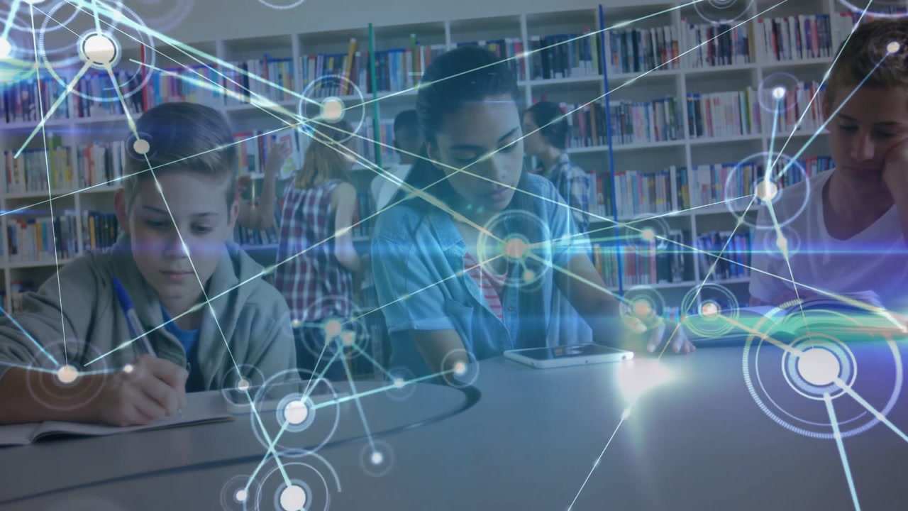 Students writing notebook tapping tablet initiating network nodes linking workspaces for education