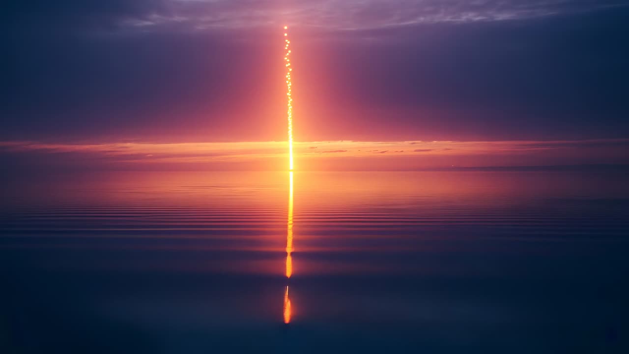 Emerging vertical light column rising over horizon while sunset glow shifting, with reflection