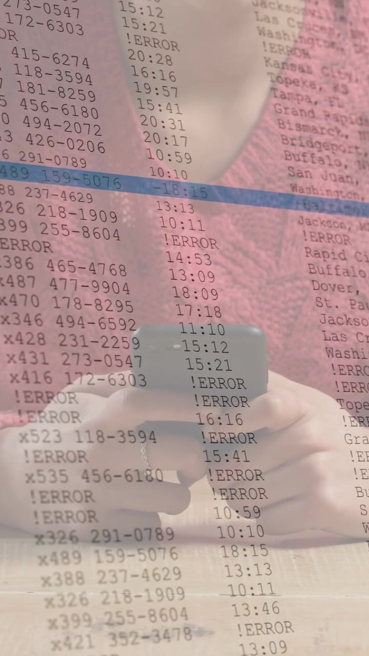 Vertical video: Woman holding phone, error list appearing over view, marking times for debugging