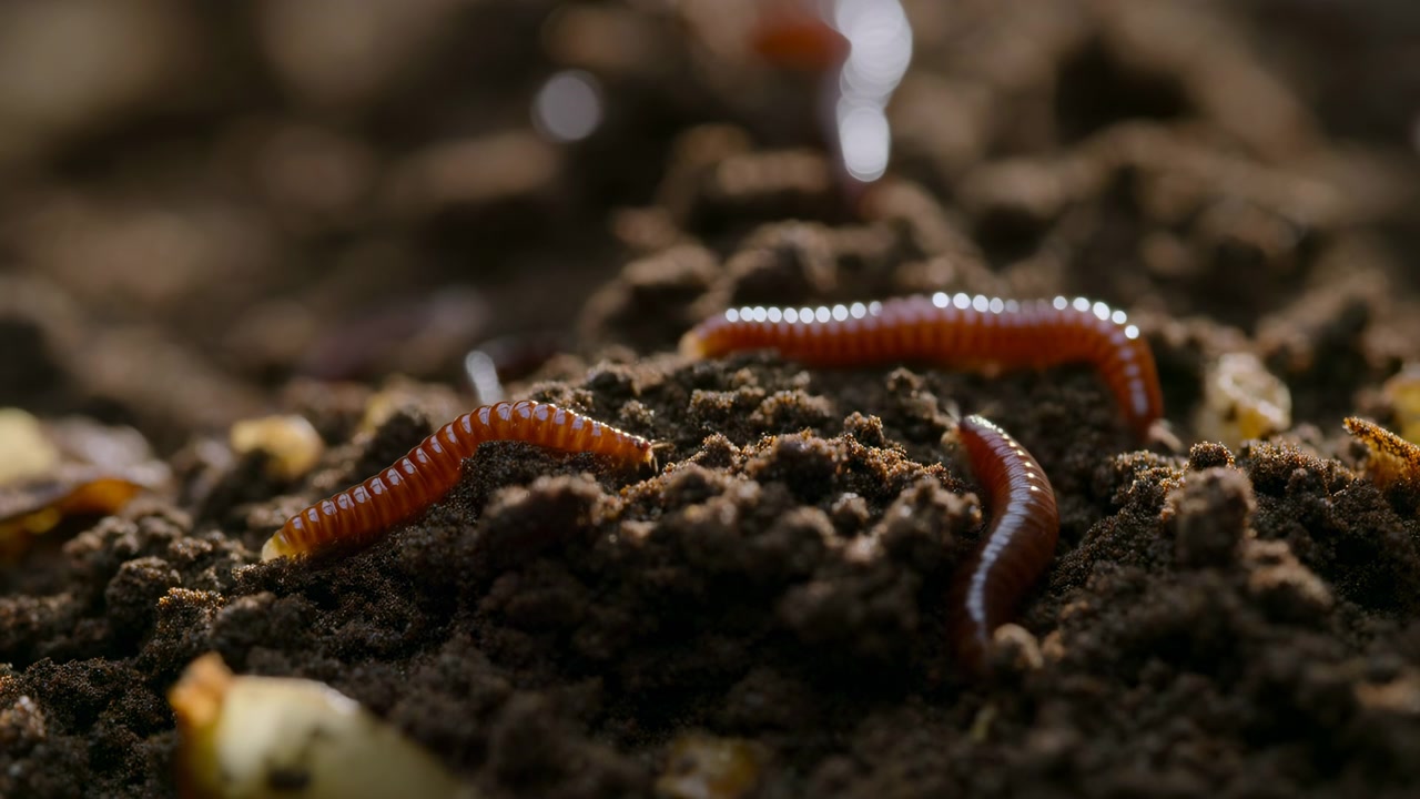 Several glossy earthworms rest across dark crumbly compost soil, seen from low ground level with warm directional light, rich moisture, soft background blur, and earthy texture for gardening scenes