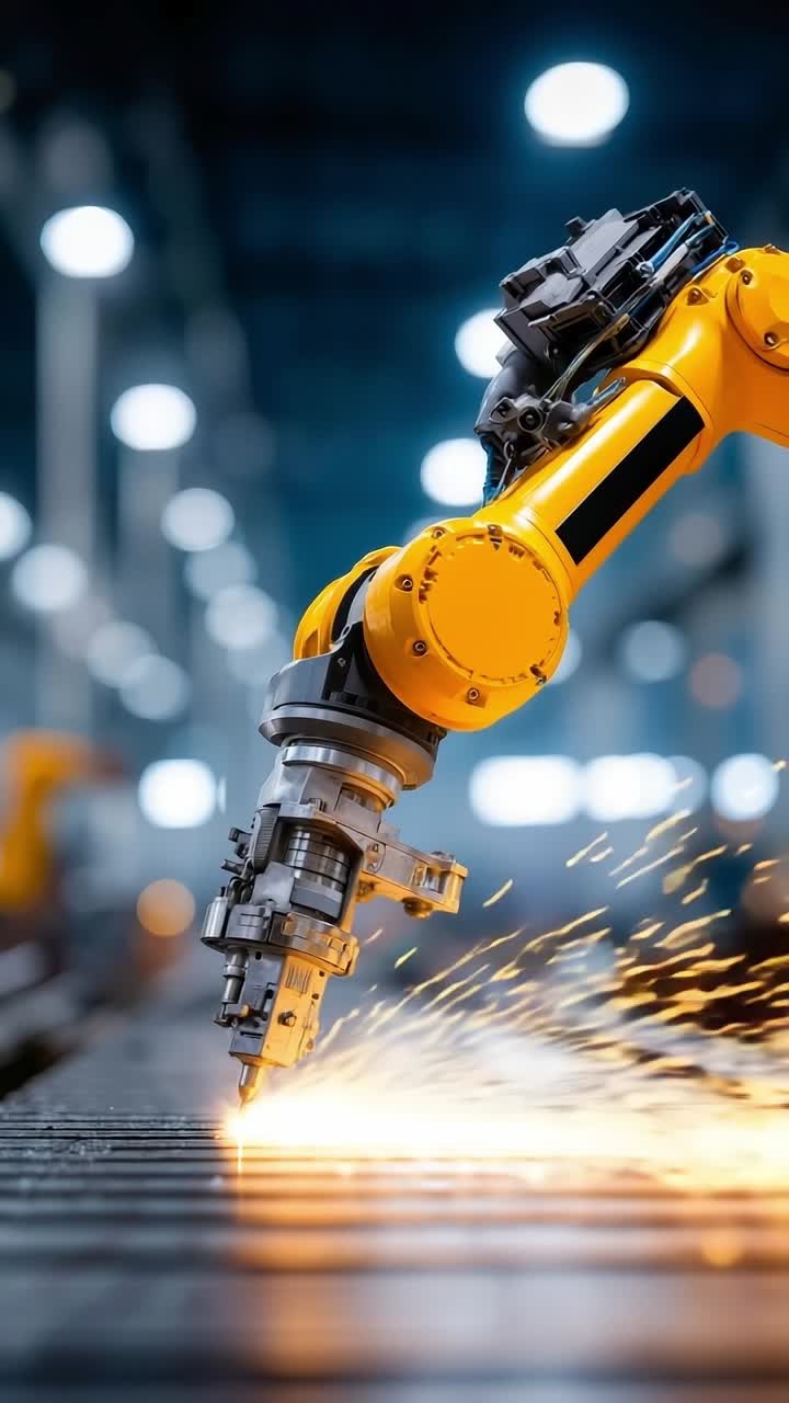A robotic arm cutting metal with sparks in a factory