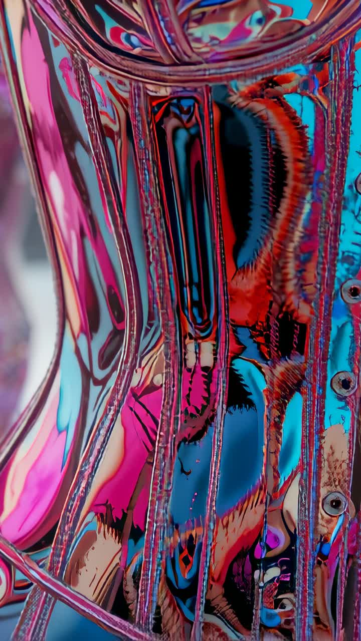 Vertical video: Shifting lights sending abstract chrome surface rippling in studio, with rivets