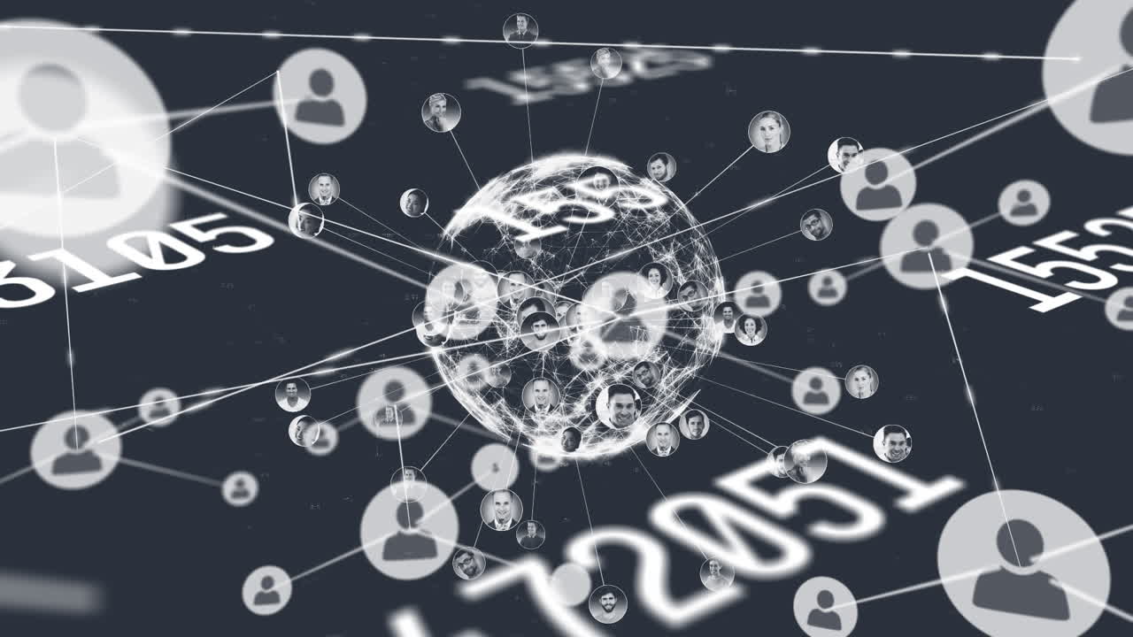 아이콘을 가진 연결 네트워크의 애니메이션 지구와 프로필 아이콘의 지구 네트워크