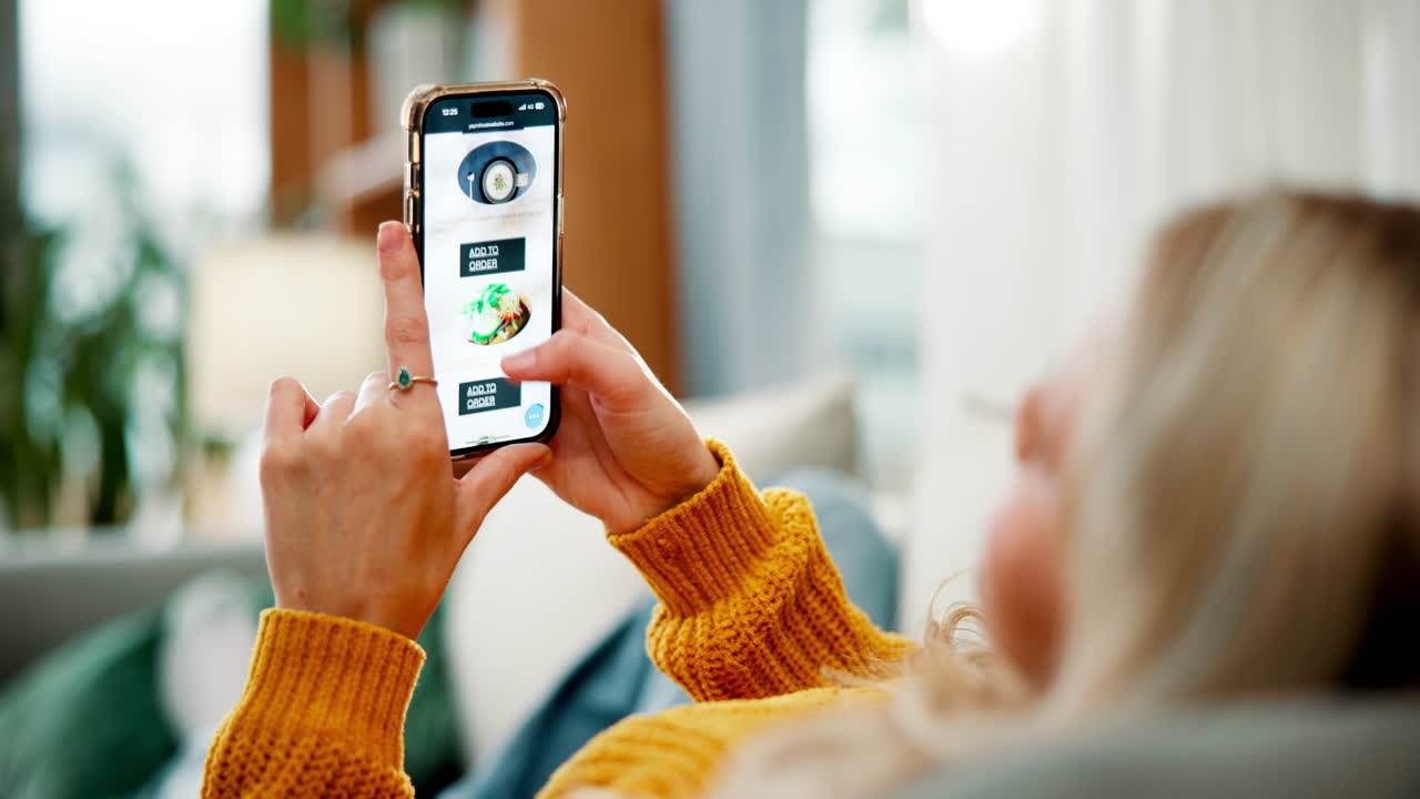 Woman Using Food Delivery App on Smartphone