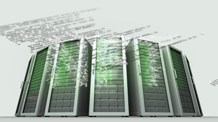 Анимация текстового баннера NFT и обработки данных поверх компьютерных серверов на сером фоне