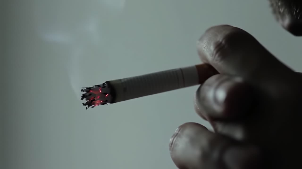 Hands Holding a Cigarette at Dusk With Glowing Tip in a Dimly Lit Room