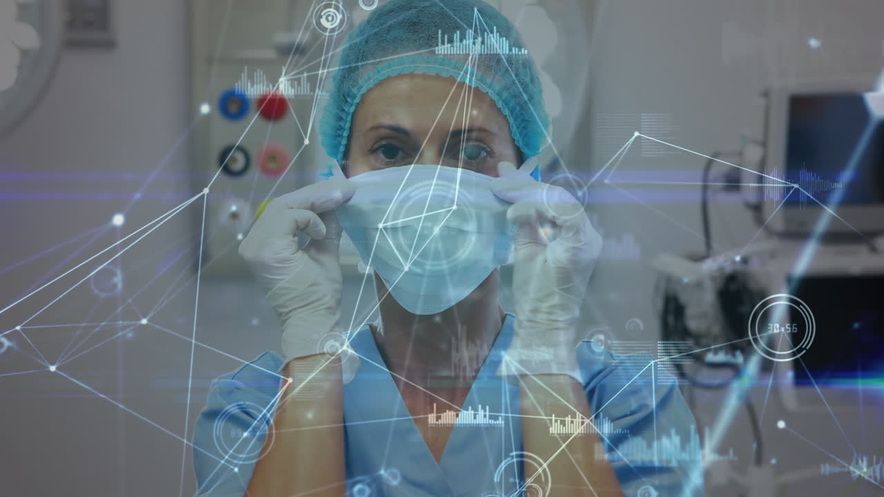 animación de conexiones sobre una cirujana caucásica atando una máscara facial