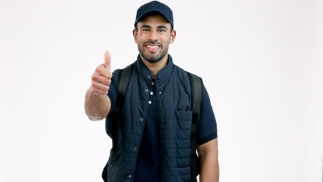 happy man, delivery bag and thumbs up in success