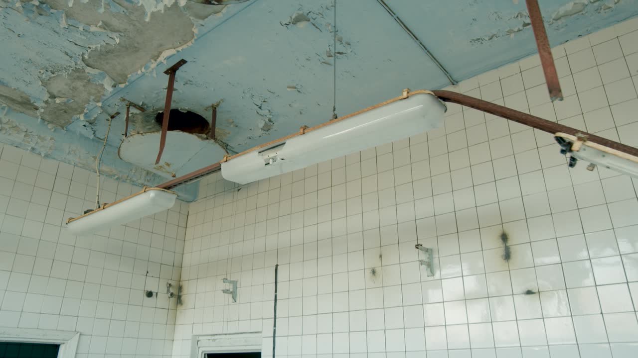 Abandoned demolished soviet heritage building interior ceiling stairs floor