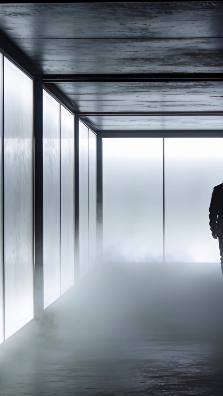 Video verticale: Uomo che emerge camminando da un'estremità illuminata lungo il corridoio destro, nebbia, vetro smerigliato, spazio per il testo.