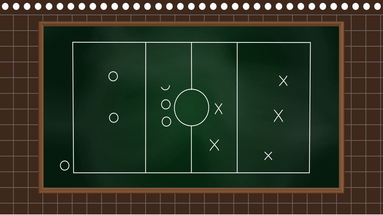 Animation of football game strategy drawn on green chalkboard against square lined brown background