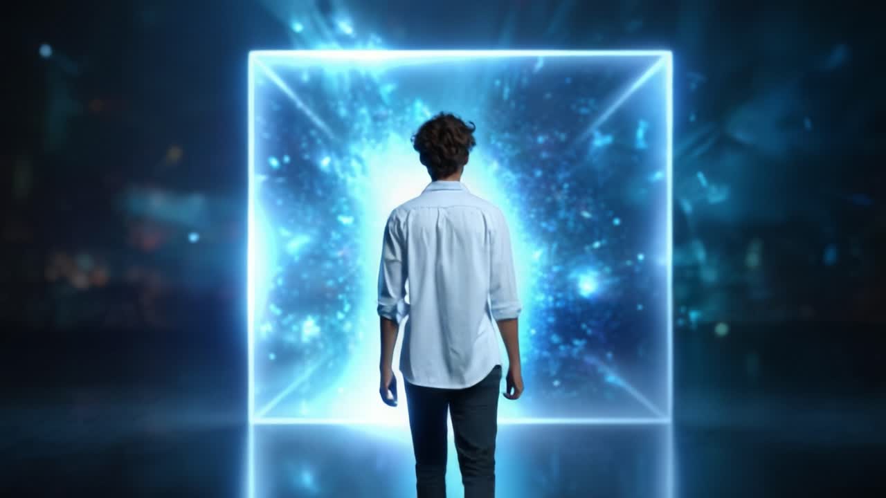 Uma pessoa jovem entra em um portal brilhante e etéreo, abraçando o mistério do desconhecido enquanto luz e energia giram ao seu redor em um espetáculo cativante
