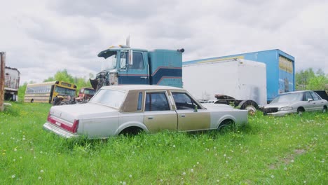 old muscle car from the 1980s sitting in a field rusting away