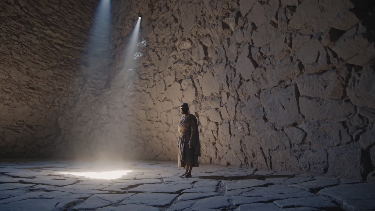 Individual stands in a stone chamber illuminated by beams of light, showcasing a moment of contemplation and connection to the surrounding environment