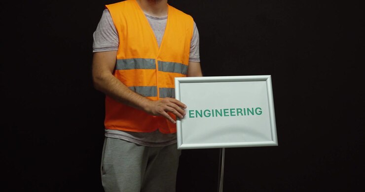 Worker in a safety vest pulls an engineering sign into view, representing engineering, technical work, industry, manufacturing, and professional expertise.
