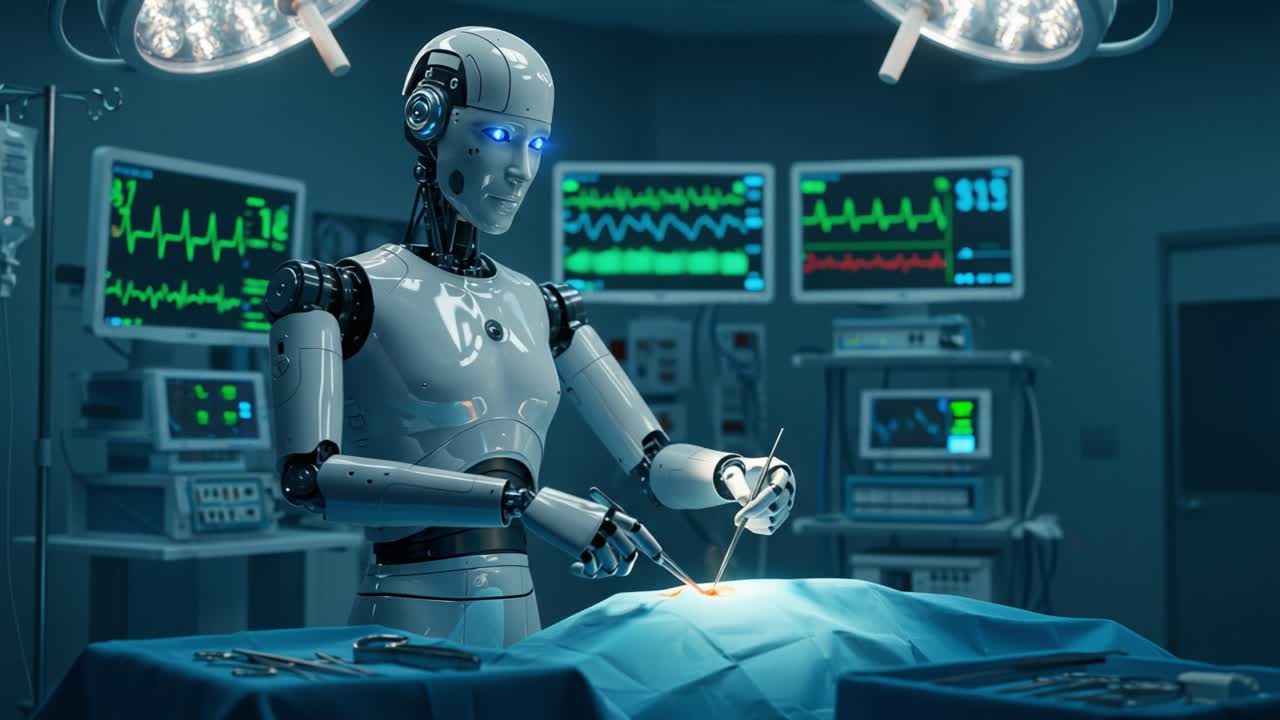 Advanced Robotic Surgery: A Futuristic Medical Procedure with a Precision Robot Performing Surgery Under Bright Surgical Lights
