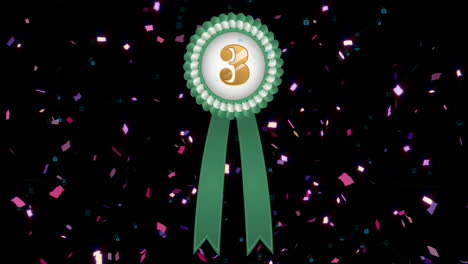 animation of green and white rosette with number 3 and falling confetti on black background