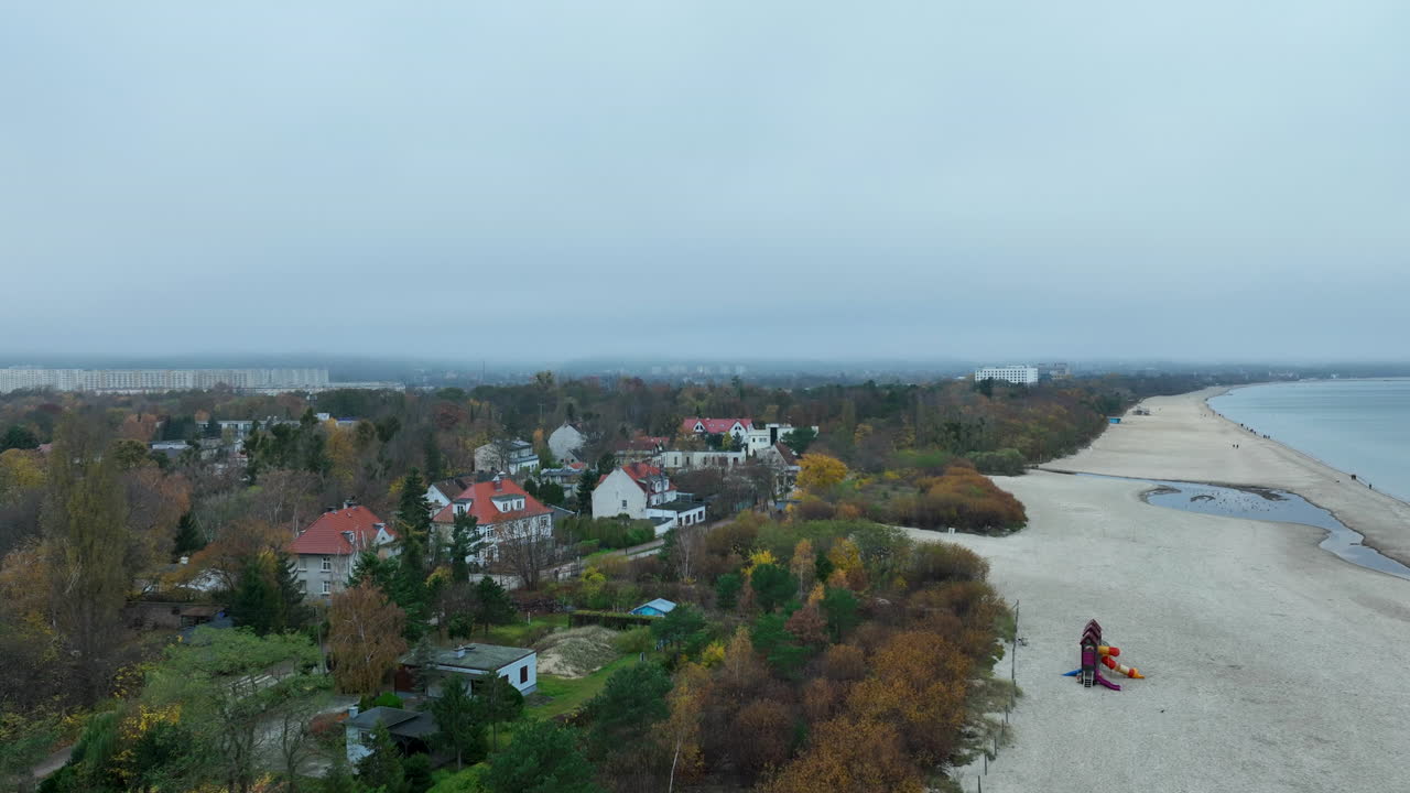 Aerial landscape of coastal neighborhood with sandy beach and forestline into misty horizon