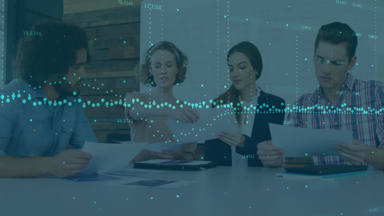 Animation of data processing over diverse colleagues discussing over documents at office