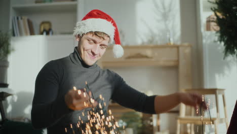 man wearing santa cap with illuminated lights