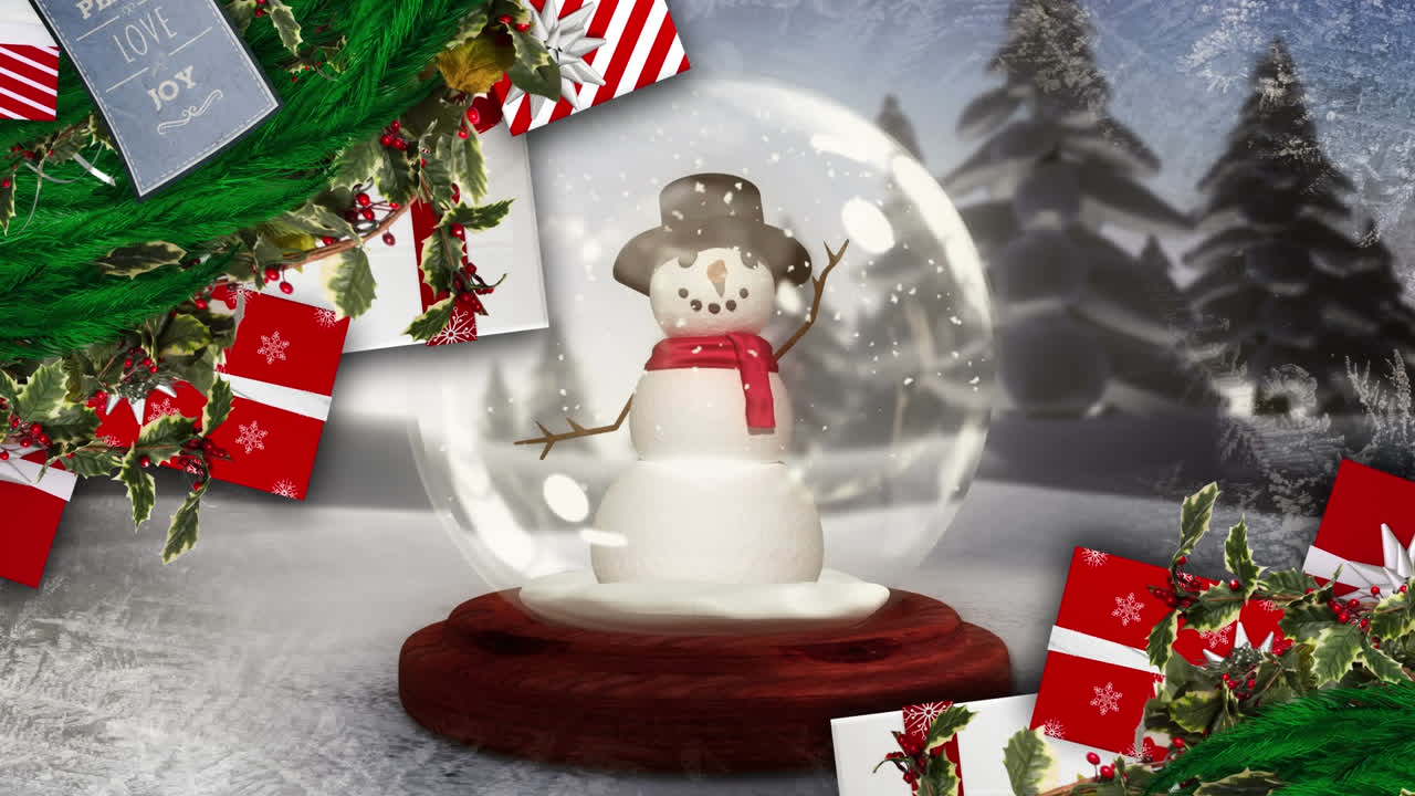 겨울 풍경에서 크리스마스 스노우 글로브 위의 소나무 가지의 애니메이션