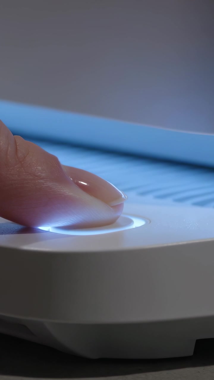 Video verticale: Toccando con la punta del dito per avviare la pressione, attivando un LED blu su un dispositivo bianco su un tavolo scuro.