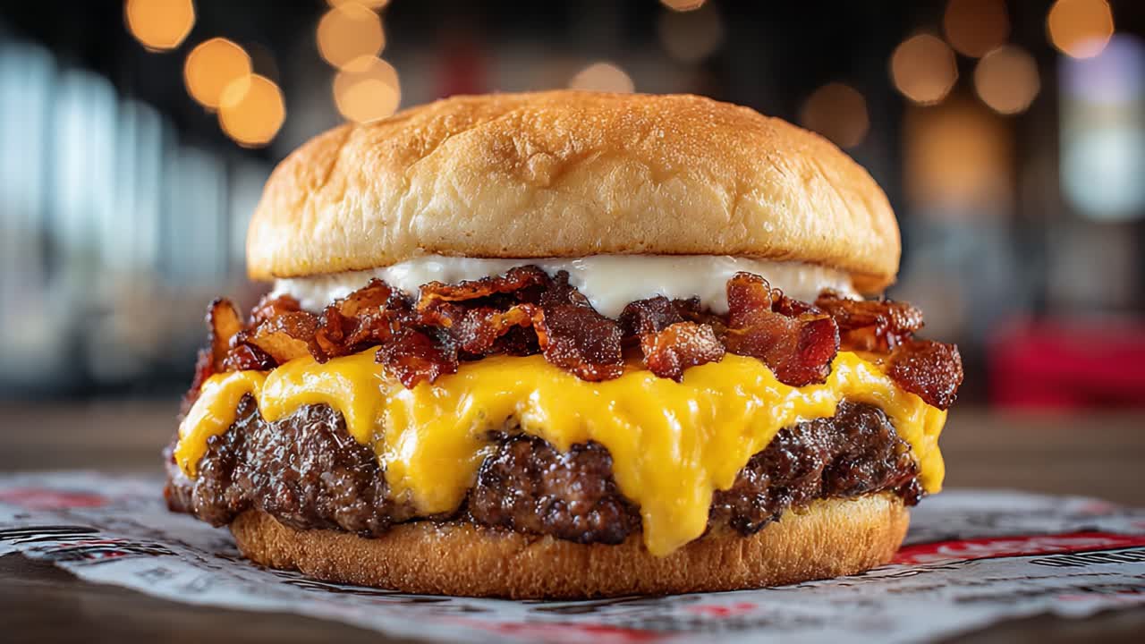 Köstlicher Bacon Cheeseburger mit geschmolzenem Cheddar, knusprigem Speck und weichem Brötchen, perfekt in zwei Bildern festgehalten, um Ihre Geschmacksnerven zu verführen und Ihren Hunger zu stillen.
